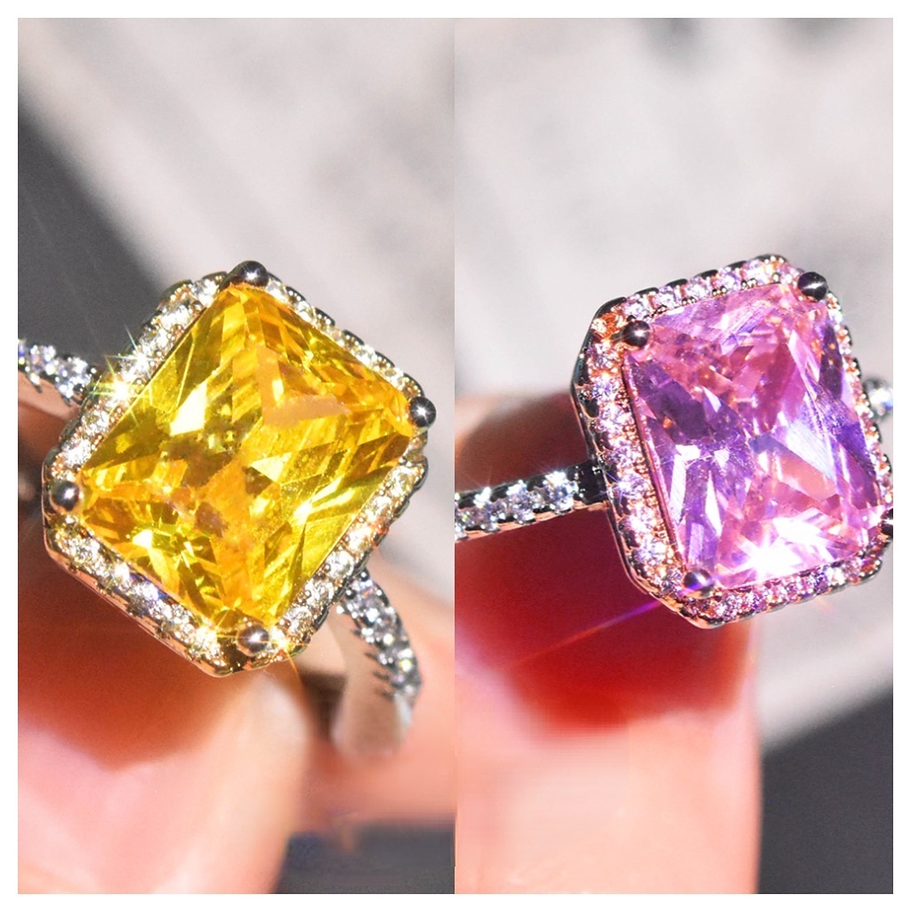 Goldkingdom Fashion Perhiasan Aksesoris Ready Stock Berlian Kuning Dua Warna Cincin Klasik Putri Square Pink Kristal Adjustable Engagement Ring Untuk Wanita