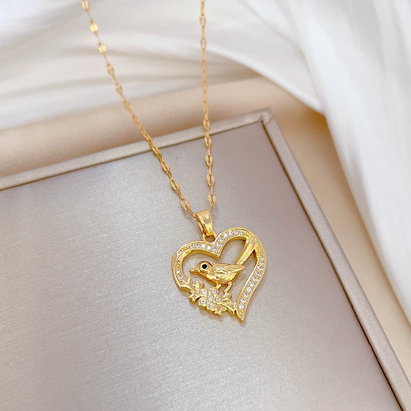 Kalung Titanium Asli Wanita Anti Karat Emas 18K Berlian Beruntung Karakter   Love Bird Aksesoris