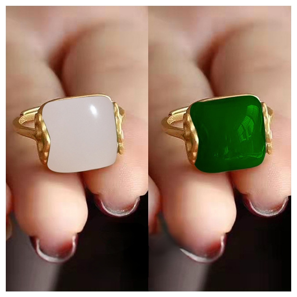 Goldkingdom Fashion Perhiasan Aksesoris Ready Stock Hetian Giok Cincin Perempuan Berlapis Emas Asli Kadar 375 Istana Retro Gaya Cina Jari Telunjuk Klasik Ruyi Awan Cincin Yang Dapat Disesuaikan
