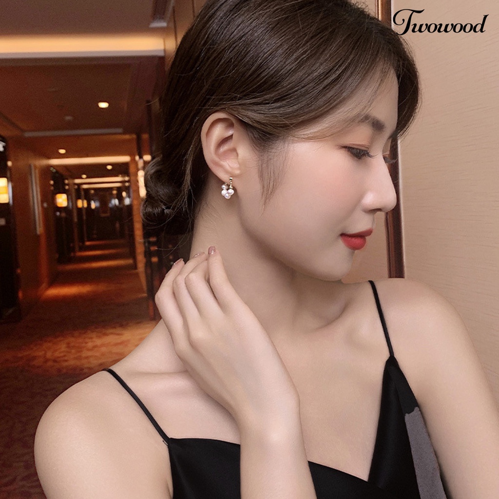 Twowood 1pasang Ear Studs Vintage Elegan Manis Geometris Electroplating Dress Up Multi-wear Wanita Mutiara Imitasi Liontin Stud Earrings Perhiasan Untuk Pacaran