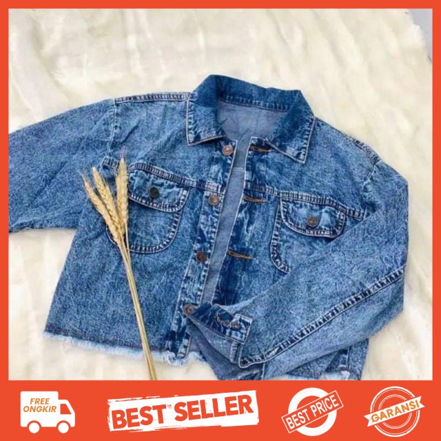 JAKET JEANS WANITA CHANMI CROP RAWIS SNOW BLACK DAN SNOW BLUE