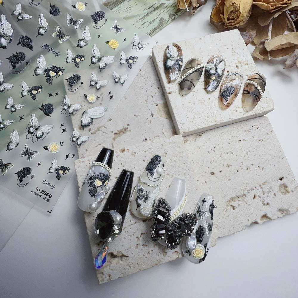 AUGUSTINA Agustina Stiker Kuku Kupu-Kupu Fashion 5D Relief Manicure Aksesoris Rose Nail Art Dekorasi