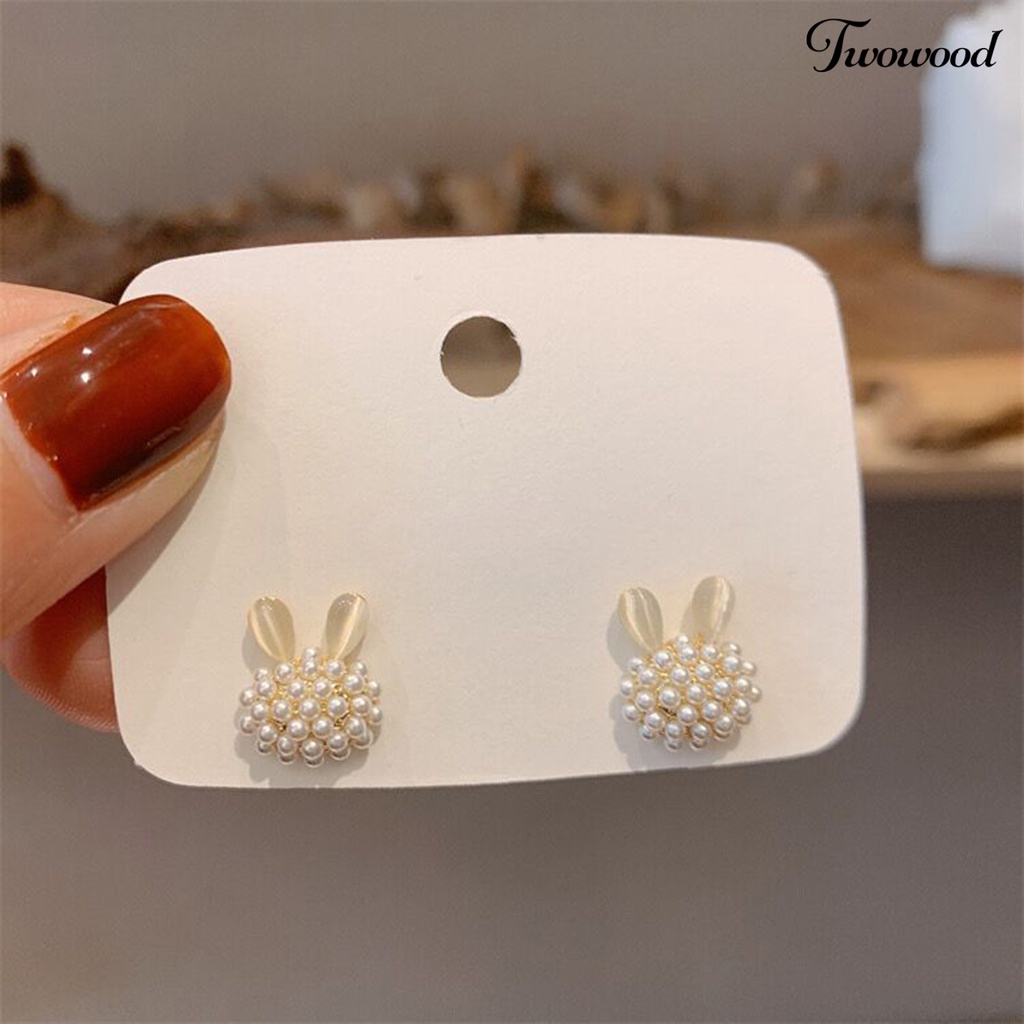 Twowood 1pasang Ear Studs Faux Opal Temperamen Elegan Lucu High Gloss Faux Pearl Rabbit Kelinci Wanita Anting Fashion Perhiasan