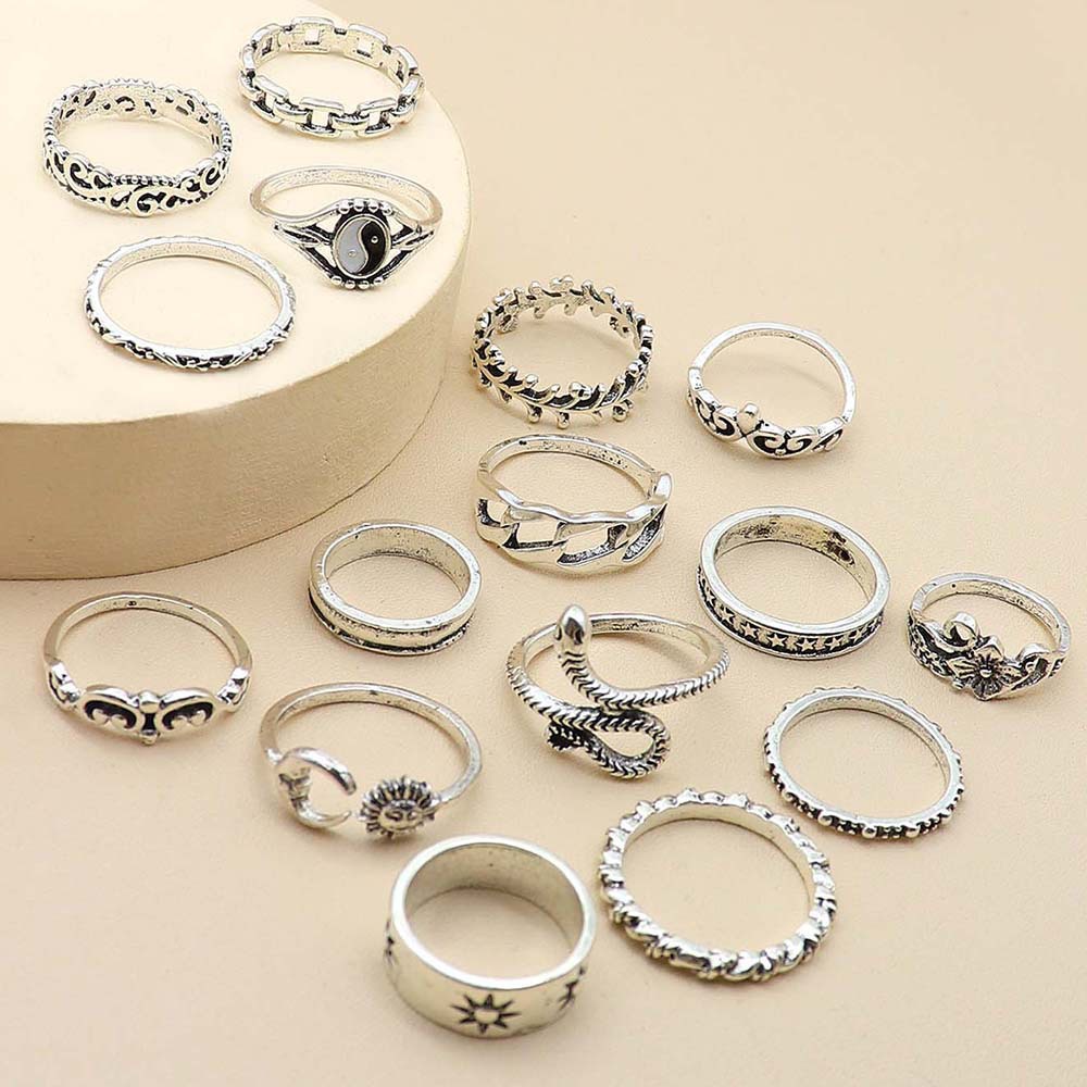 16pcs/set Retro Matahari Bulan Bunga Cincin Set Untuk Wanita Taichi Yinyang The Eight Diagrams Snake Ring Party Jewelry