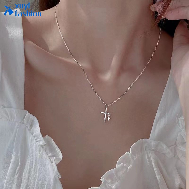 Cross Crystal Pendant Necklace Simple Gold Silver Chain Choker for Women Jewelry Accessories