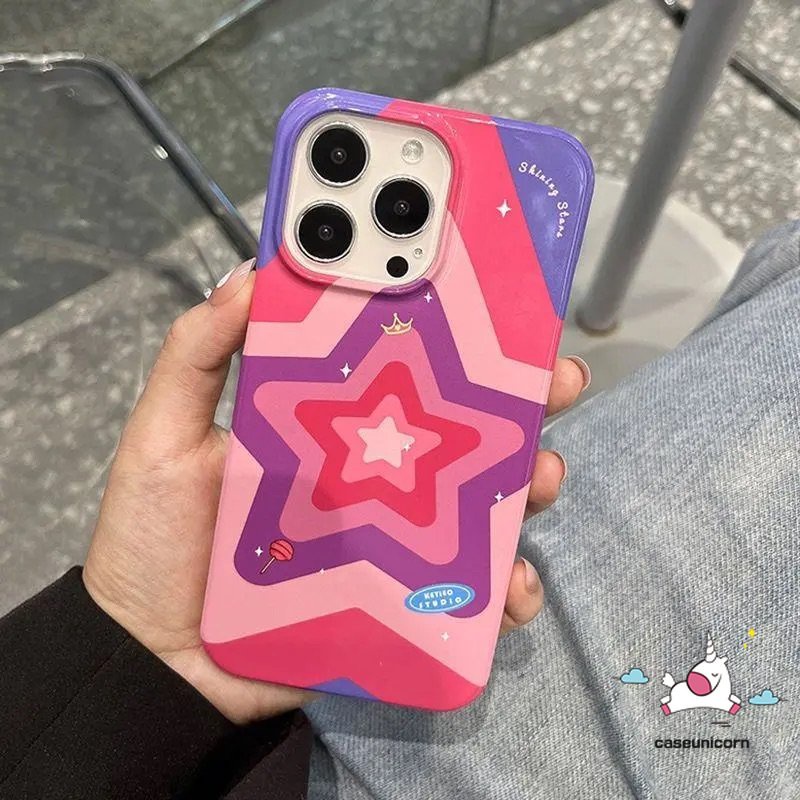 IPHONE Casing Ponsel Permen Glossy Tahan Guncangan Kompatibel Untuk Iphone11 14 12 13 Pro Max XR 7 8 Plus X XS Max SE 2020 Bintang Kartun Lucu Fashion Art Gradasi Pola Warna-Warni TPU Soft Cover