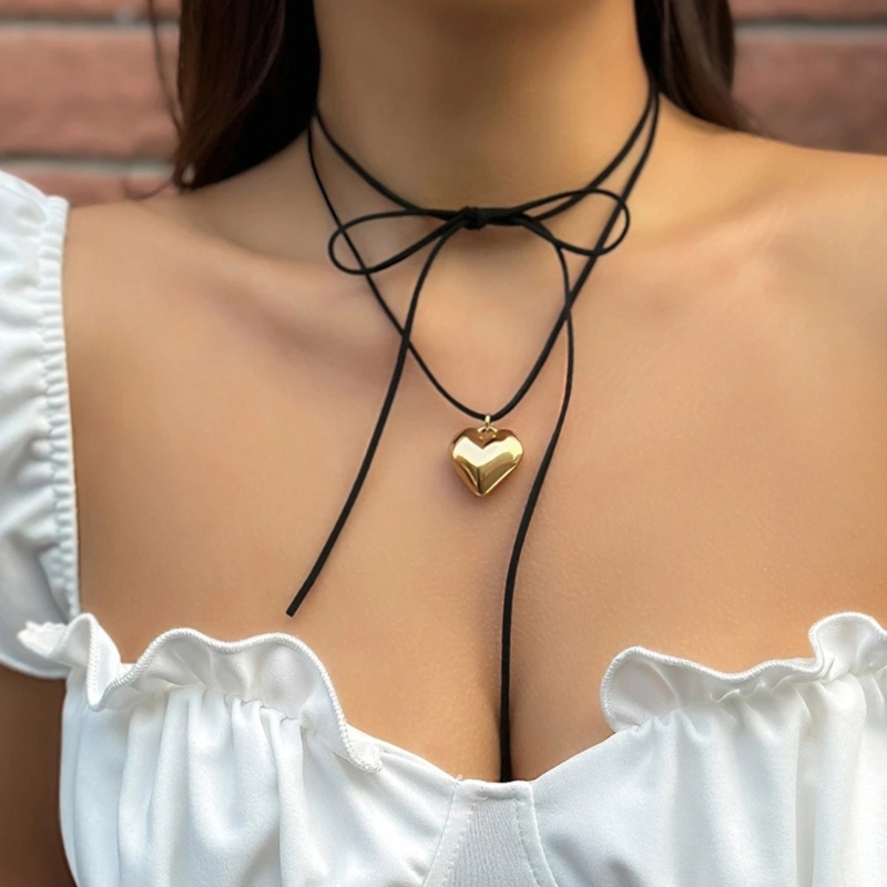 Siy Adjustable Beludru Ikatan Simpul Choker Leher Dasi Rantai Fashion Hati Liontin Kalung