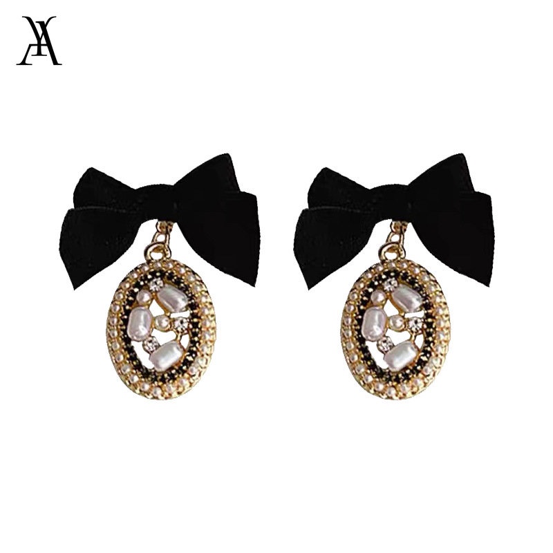 AY(CN) Anting Bow Drop Elegan Anting Tusuk Beige Hitam Mutiara Kristal Earring Untuk Aksesoris Perhiasan Wanita