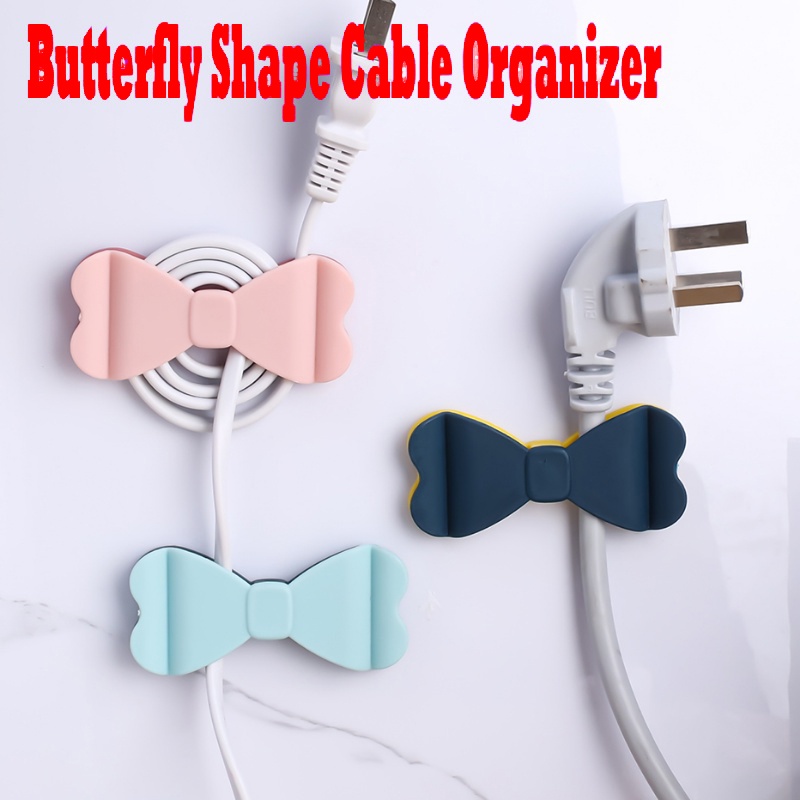 Klip Tali Kabel Plastik Bentuk Kupu-Kupu/Organizer Kawat Data Reusable Line Cord Winder Headphone Holder