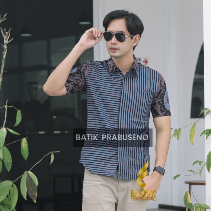 JANAJINANTRA Kemeja Batik Prabuseno Pria Lengan Pendek Slim Fit Bahan Katun Full Furing  Jumbo Moder