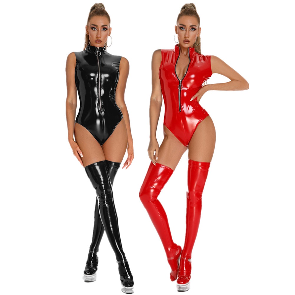 PREORDER Sexy Women Zipper Bodysuits Lady Faux Leather Catsuit Wetlook Latex Jumpsuit Erotic Fetish 