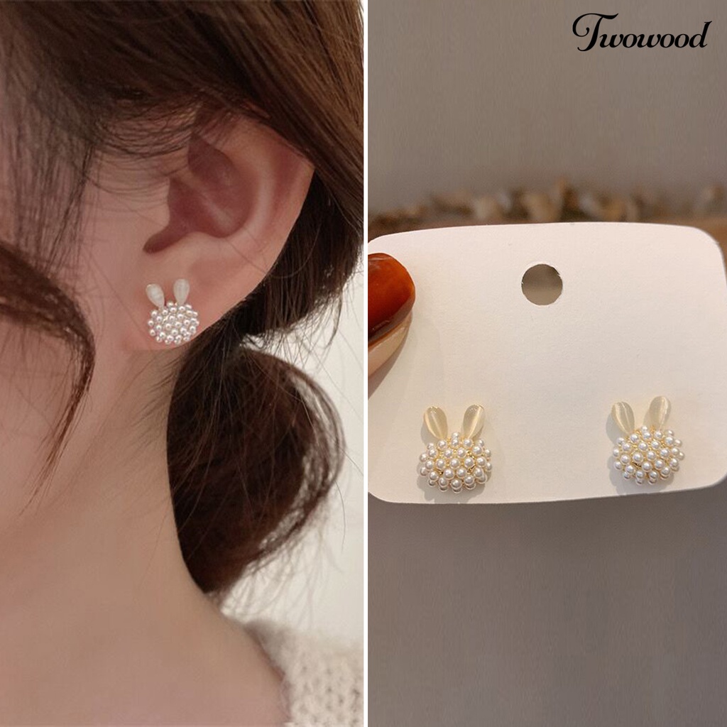 Twowood 1pasang Ear Studs Faux Opal Temperamen Elegan Lucu High Gloss Faux Pearl Rabbit Kelinci Wanita Anting Fashion Perhiasan