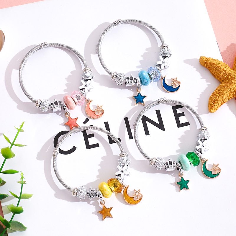 XiaoboACC Manik-Manik Liontin Bintang Dan Bulan Stainless Steel DIY Buka Gelang Yang Dapat Disesuaikan