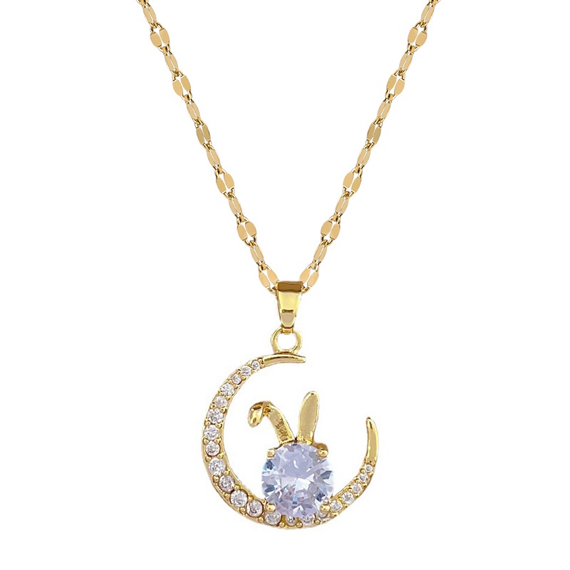 Kalung Titanium Asli Wanita Anti Karat Emas 18K Moon Rabbit Aksesoris