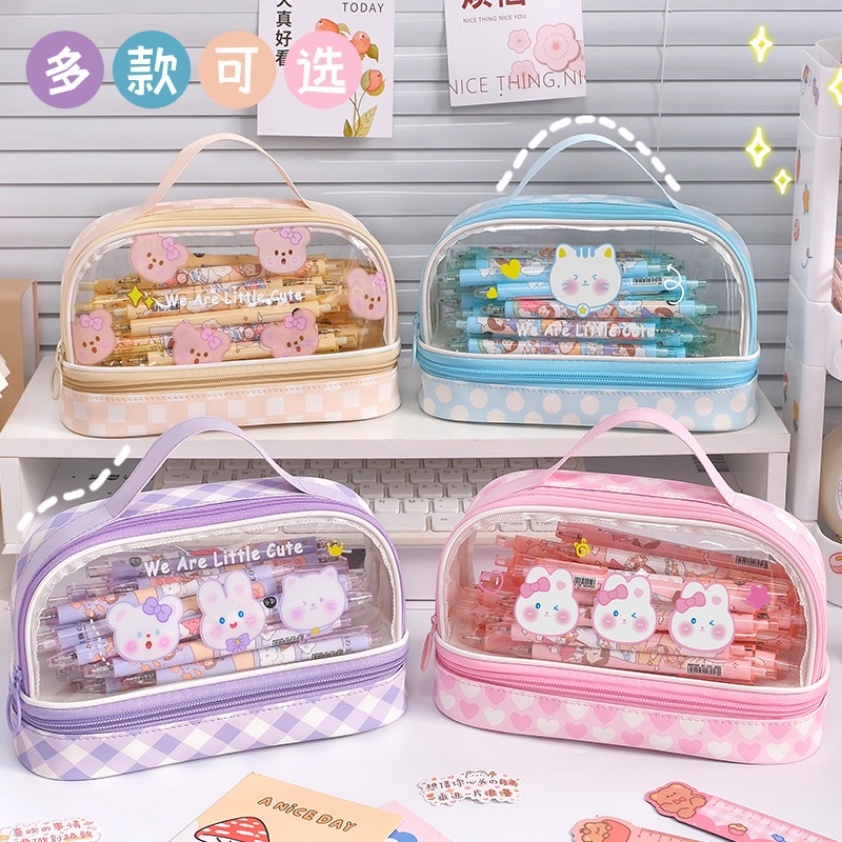 [Kapasitas] Ins PVC Pensil Case 2-Layer Siswa Anak Pulpen Tas Gadis Kawaii Sekolah Pen Case Tas Kosmetik Tas Multifungsi