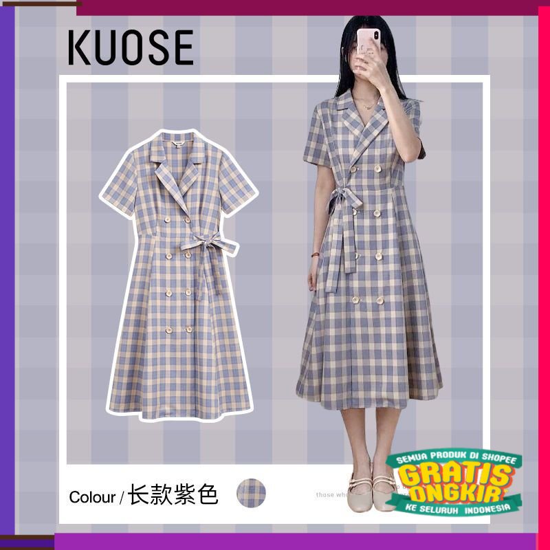 RAMADHAN SALE SERIES ZLORE - #DR58 Dress Pesta Wanita Motif Kotak Kotak Lilac Premium (M/L/XL)