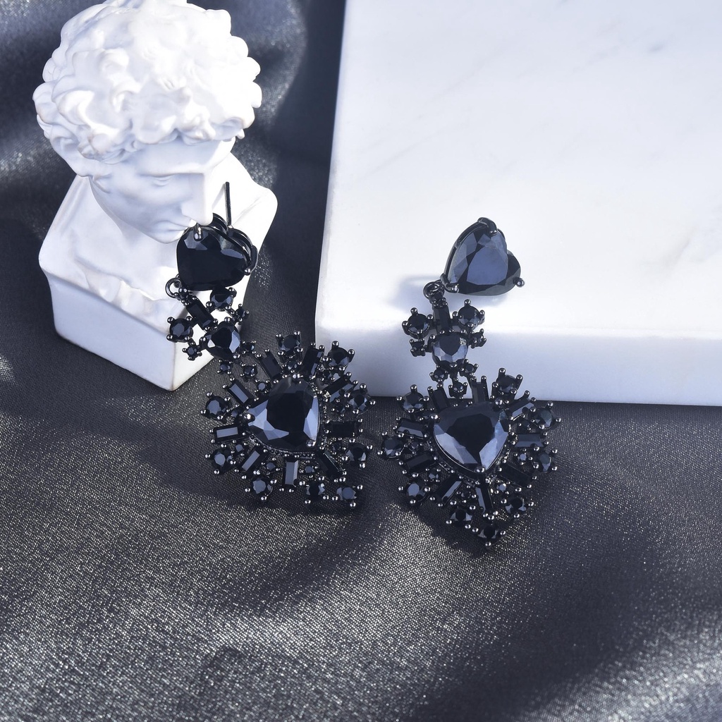 Goldkingdom Aksesoris Perhiasan Fashion Ready Stock Anting Hati Hitam Emas Black Zircon Gemstones Diamonds Maiden Love Stud Earrings