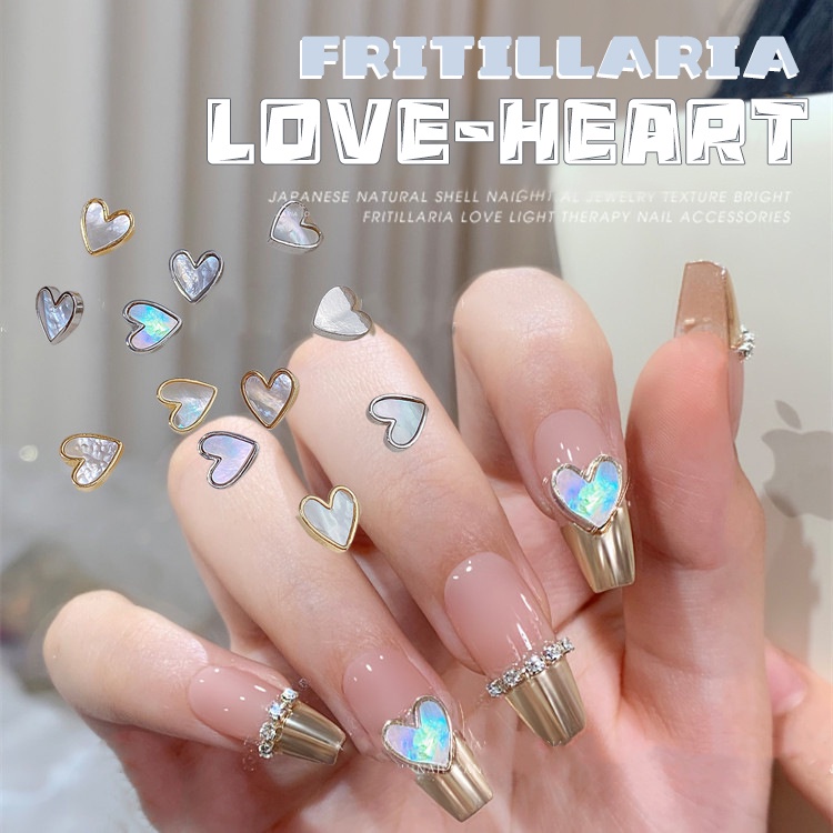 10pcs Fritillaria Cinta Hati Hiasan Kuku Warna Silver Gold Pinggiran Logam Shell Dekorasi Retro Sederhana Minimalis Manicure Aksesoris Desain Jepang DIY Nail Art Bagian