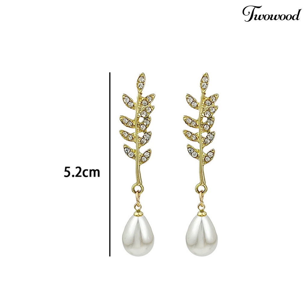 Twowood 1pasang Anting Stud Temperamen Shiny Cubic Zirconia Tetesan Air Mutiara Imitasi Panjang Hias Hadiah Wanita Telinga Beras Liontin Drop Earrings Perhiasan Untuk Pacaran