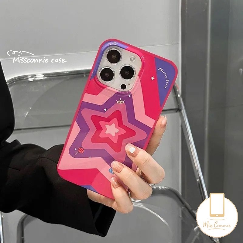 IPHONE Ins Fashion Gradien Bintang Rose Merah Casing Ponsel Kompatibel Untuk Iphone11 14 13 12 Pro Max 7plus XR 78 Plus X XS Max SE 2020 Perlindungan Kamera Tahan Guncangan Glossy Soft Cover