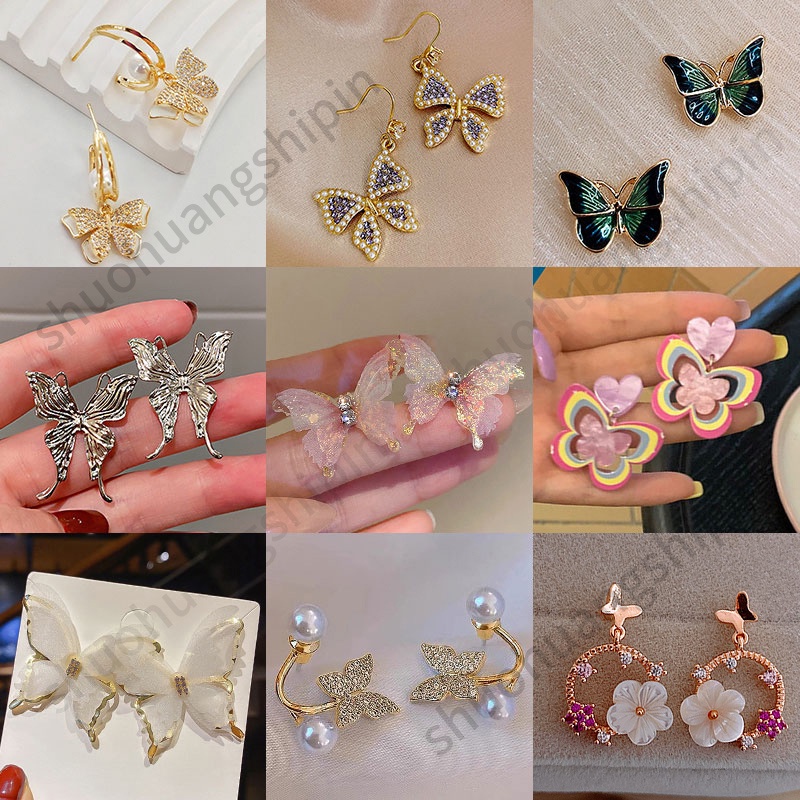 Temperamen Elegan Perancis Kupu-Kupu Bunga Mutiara Fashion Anting Sederhana Unik