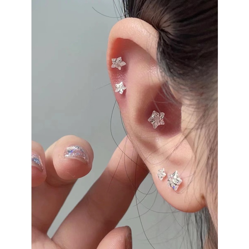 Anting Tusuk Motif Zircon Bintang Bahan Titanium Steel Warna Hypoallergenic Untuk Wanita
