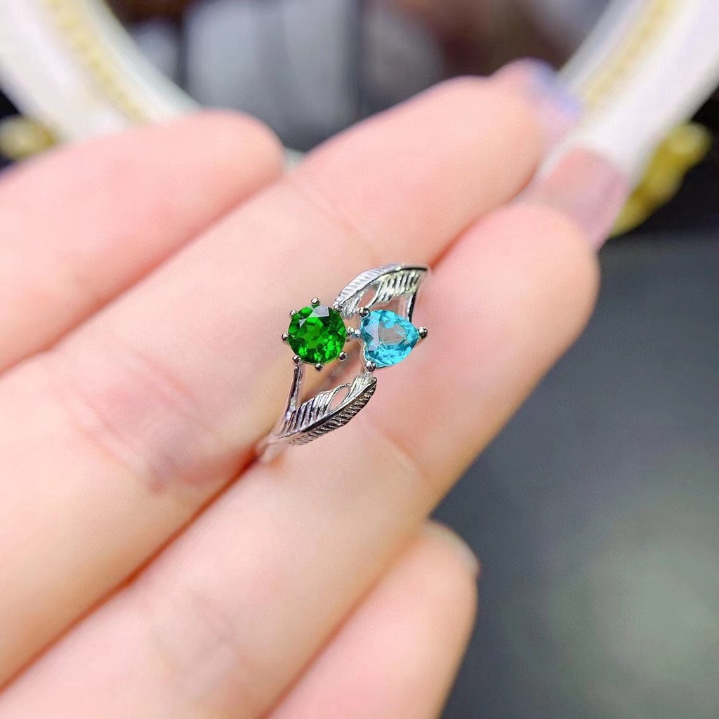 Goldkingdom Aksesoris Perhiasan Fashion Ready Stock Blossom Niche Desain Imitasi Alami Tourmaline Set Biru-Hijau Zirkonium Cincin Vintage Bulu Royal Safir Cincin Wanita