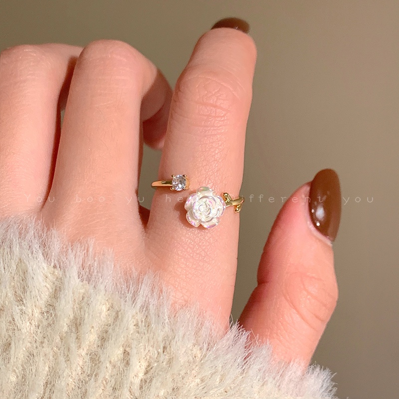 Ay (CN) Fashion Indah Camellia Rings Zirkon Cincin Emas Terbuka Untuk Perhiasan Aksesoris Wanita