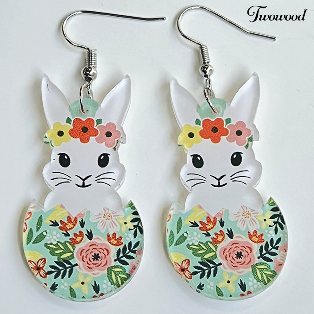 Twowood 1pasang Menjuntai Anting Percetakan Pola Halus Kartun Menggemaskan Tindik Telinga Ornamen Pengerjaan Halus Akrilik Paskah Kelinci Hewan Peliharaan Anting-Anting Wanita Perhiasan