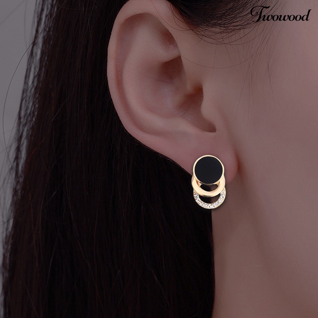 Twowood 1pasang Ear Studs Multi-layer 3cincin Bulat Lingkaran Hitam Hadiah Fashion Perhiasan Berlian Imitasi Berkilau Wanita Anting Untuk Harian