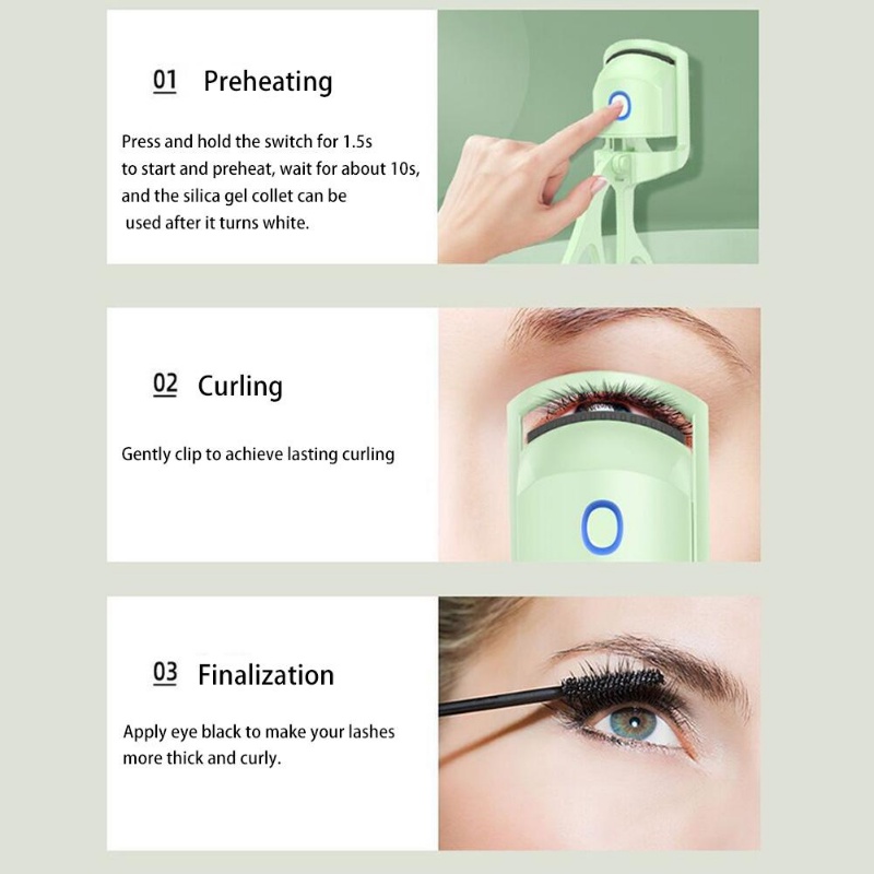 Green Eyelash Curler Portable Electric Heated Perm Comb USB Rechargeable Tahan Lama Bulu Mata Thermal Curler Alat Makeup