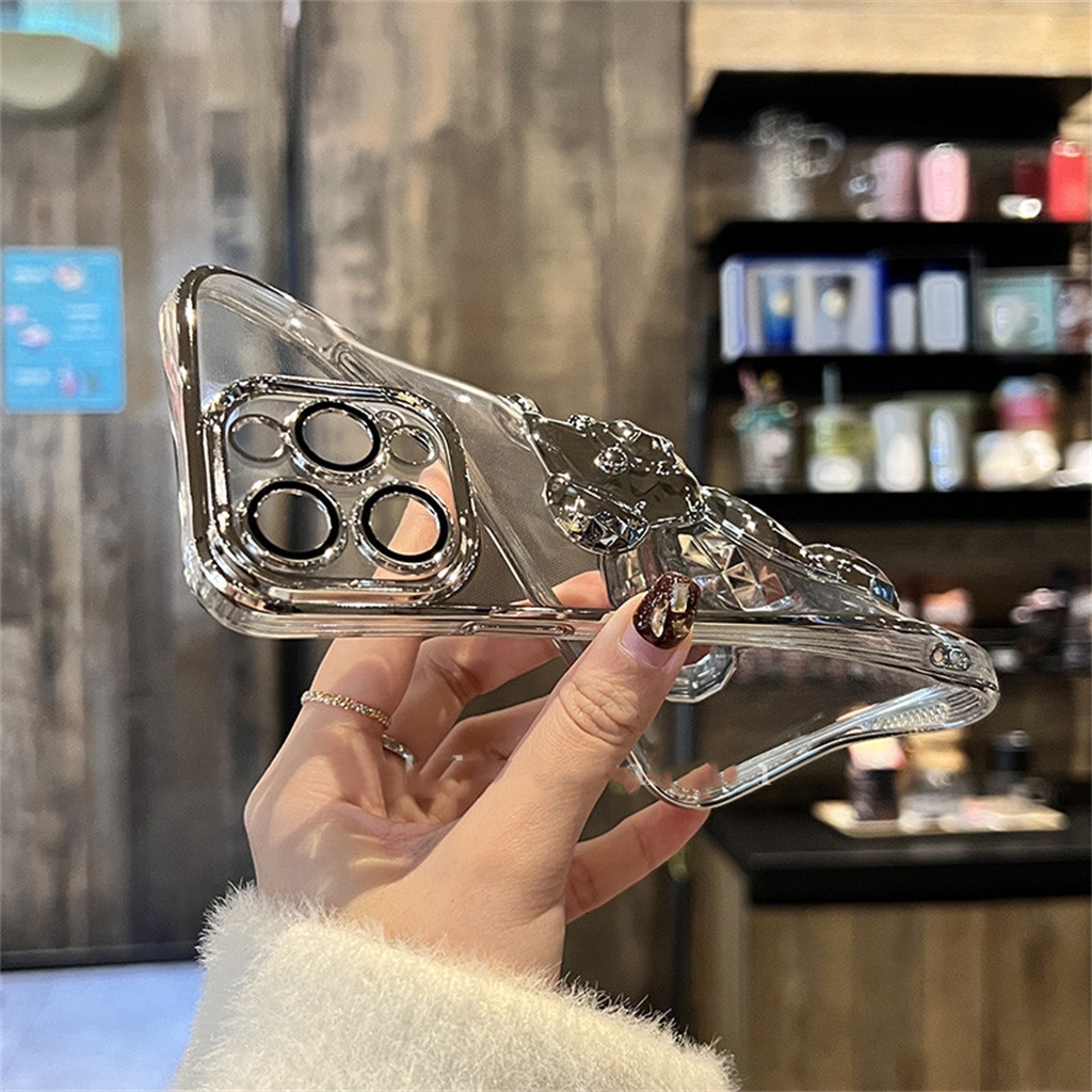 Luxury Metal 3D Cub Case iPhone 14 Pro Max Case iPhone 13 12 Pro Max Case14 Plus Promax Pelindung Kamera Lensa Case Iphone14 Transparan Shockproof TPU Penutup Belakang