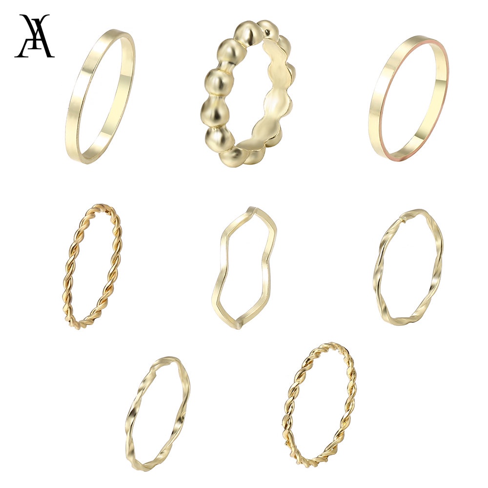 AY(CN) 8pcs / Set Cincin Geometris Warna Emas Gaya Korea Untuk Aksesoris Perhiasan