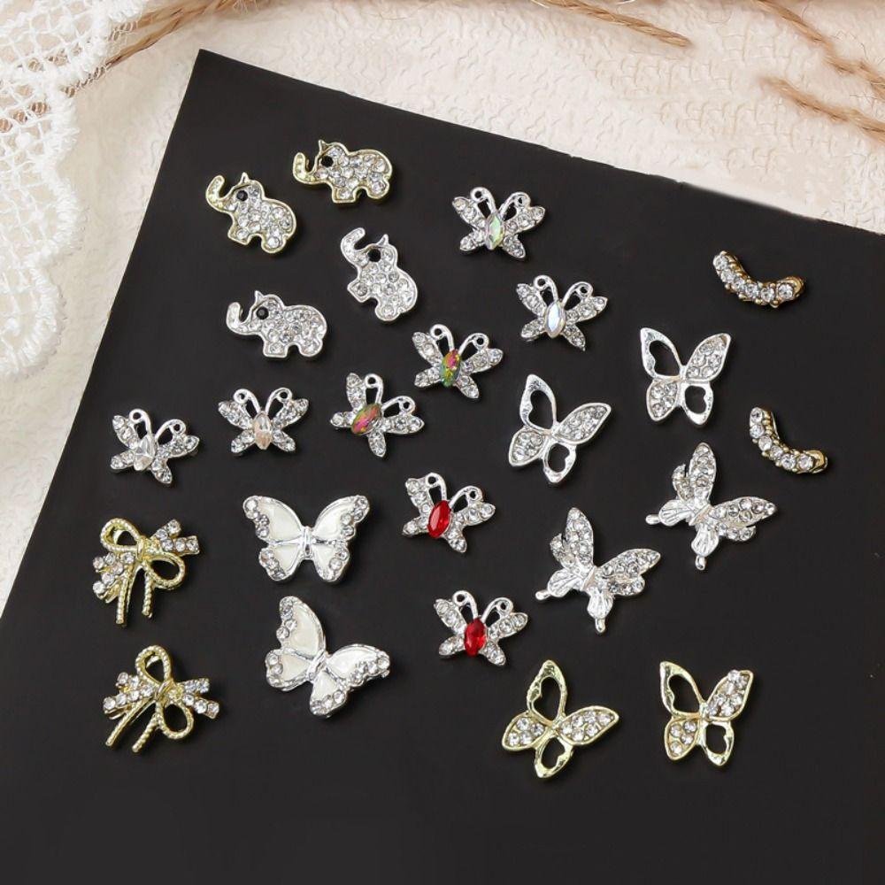 Augustina Aksesoris Kuku Kupu-Kupu Berongga 3D 10pcs Multi-Desain Alloy Zircon Butterfly Shaped Jewelry Charms