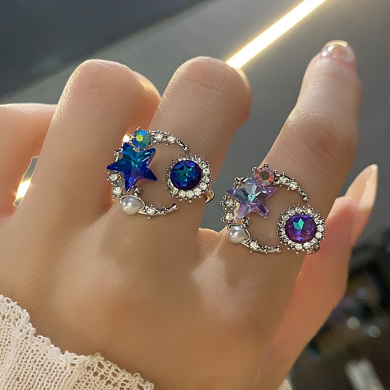 Cincin Planet Bintang Biru Elegan Untuk Wanita Gadis Berlian Imitasi Kristal Terbuka Dapat Disesuaikan Jari Cincin Pertunangan Pernikahan Perhiasan Hadiah