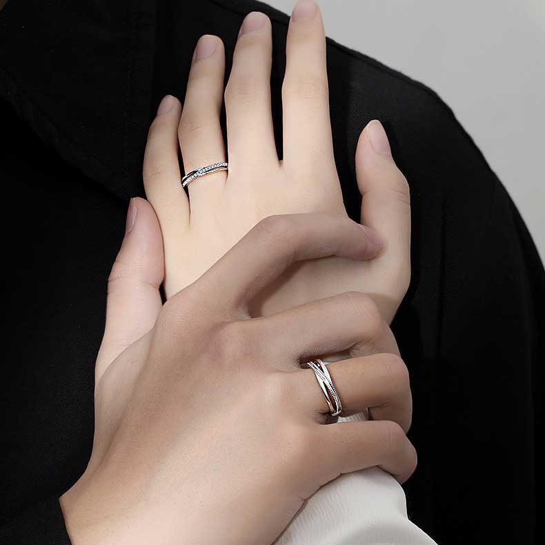 Elegan Salib Berlian Kristal Cincin S925 Sterling Perak Pasangan Pria Wanita Fashion Perhiasan Pernikahan Pertunangan Couple Rings Adjustable Size