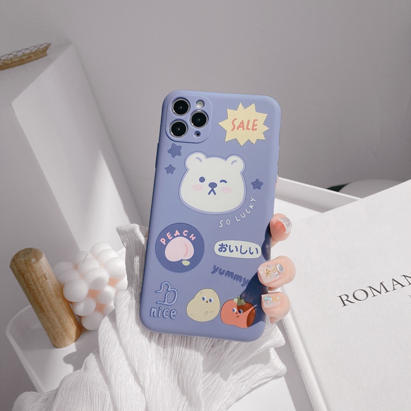 Soft Silicone Matte Case for iPhone 7 8 14 Plus 7+ 8+ X XR SE 2020 XS Max 11 12 13 Pro Max Lens Protect Cute Gray Bear Black