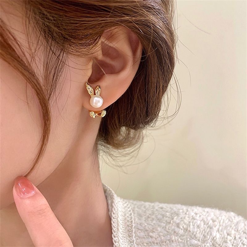 Korea Mutiara Kelinci Stud Earring/Berlian Imitasi Elegan Flash Diamonds Alloy Earrings/Perhiasan Pesta Pernikahan Wanita Sederhana