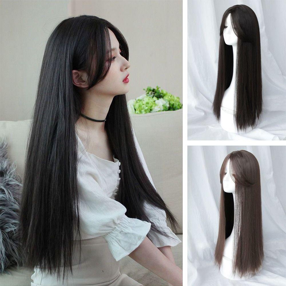 R-FLOWER Rambut Lurus Wig Alami Penutup Kepala Tahan Panas Asli