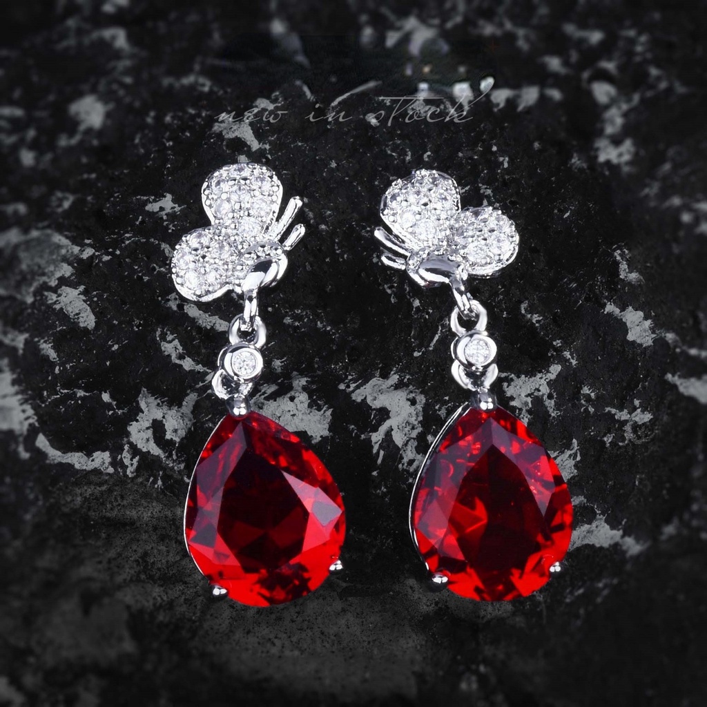 Goldkingdom Aksesoris Perhiasan Fashion Ready Stock Cahaya Mewah Cantik Mimpi Biru Tanzanite Merpati Darah Permata Merah Super Peri Kupu-Kupu Telinga Stud