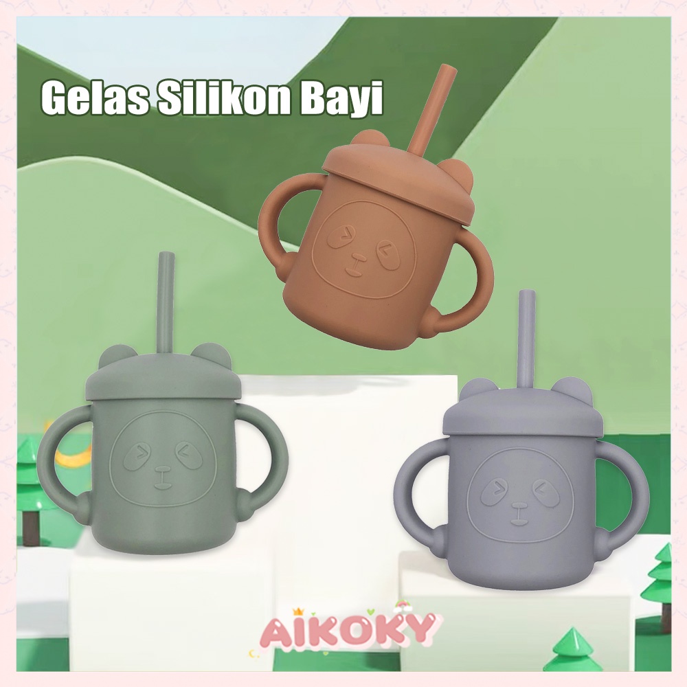 Aikoky Gelas Minum Bayi Silicon / Gelas Silikon Bayi Dan Sedotan / Bpa Free Training Cup Baby