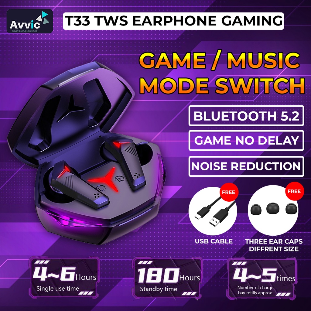 T33 TWS Headset Bluetooth 5.2 Wireless Gaming Earphone Full Bass Noise Cancelling Earbuds HiFi Stereo Handsfree