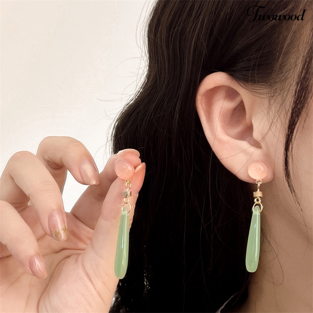 Twowood 1pasang Anting Menjuntai Gaya Cina Elegan Mulia Giok Imitasi Kalsedon Manik Drop Earrings Perhiasan Aksesoris