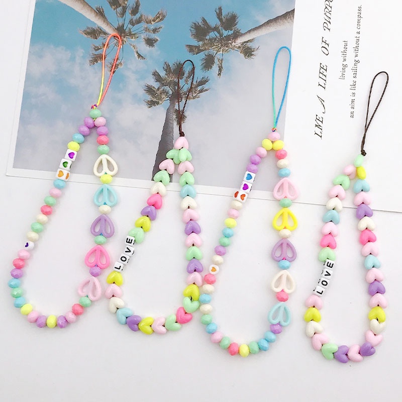 Universal DIY Aksesoris Warna Macaron Handmade Heart Beads Chain Untuk iPhone Android OPPO VIVO Huawei Xiaomi Redmi Samsung Semua Ponsel Earphone Cases