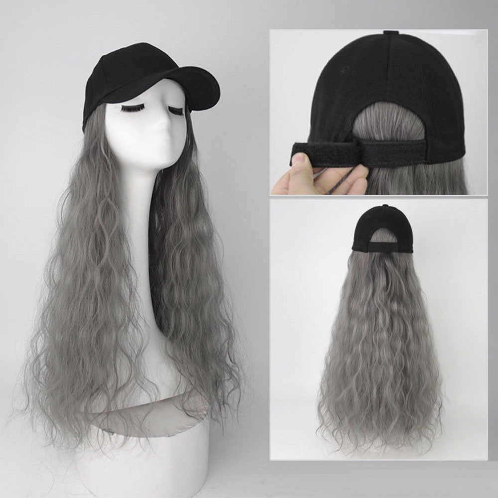 Korea Wig Panjang Topi Baseball One-piece Curly Wig Wanita Perempuan Besar Bergelombang Ekstensi Rambut 65cm