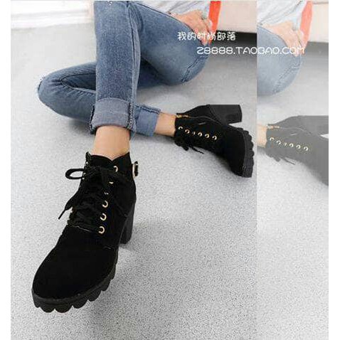 Sepatu Boots Wanita Korean Style Panjang Hitam Ziper Kulit Bludru Polos Tali Casual - Cladiva FSH184
