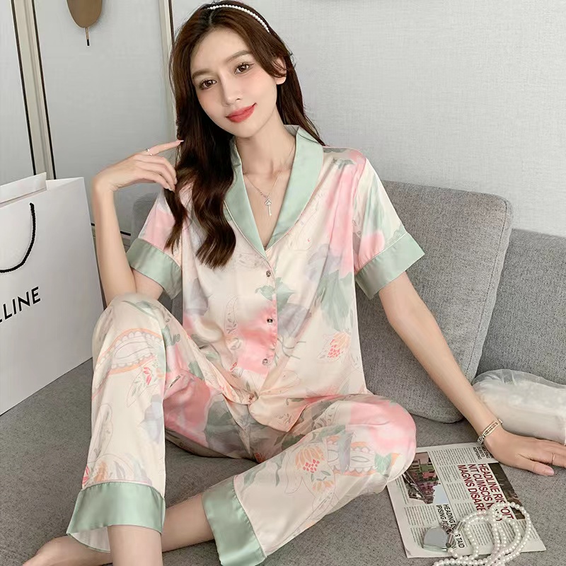 2023 piyama baru betina/wanita kurus longgar lotus pendek -lengan panjang -sleeved celana panjang dua set -piece set