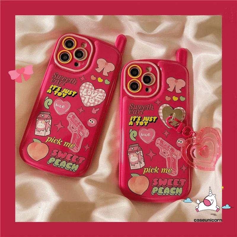 IPHONE Casing Bentuk Ponsel Ponsel Retro Personal Kompatibel Untuk Iphone11 14 13 12 Pro Max7 8 Plus XR X XS MAX SE Kartun Graffiti Stiker Soft Cover Dengan Hiasan Liontin Cinta Hati