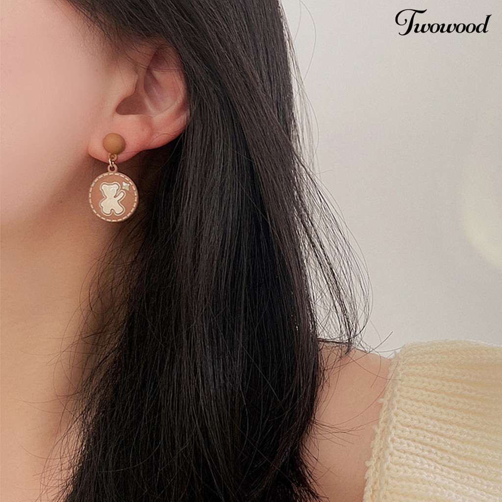 Twowood 1pasang Anting Menjuntai Gaya Jepang Warna Senada Bulat Lucu Retro Hadiah Fashion Perhiasan Kartun Beruang Bunga Mawar Telinga Studs Untuk Pacaran