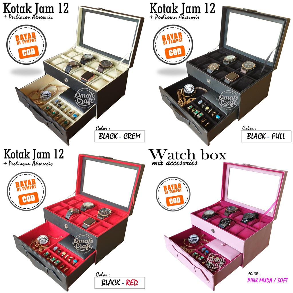 Diskon 50% Box Jam Tangan isi 12 Tempat Perhiasan &amp; Aksesoris Cincin Kalung Gelang / Kotak Jam